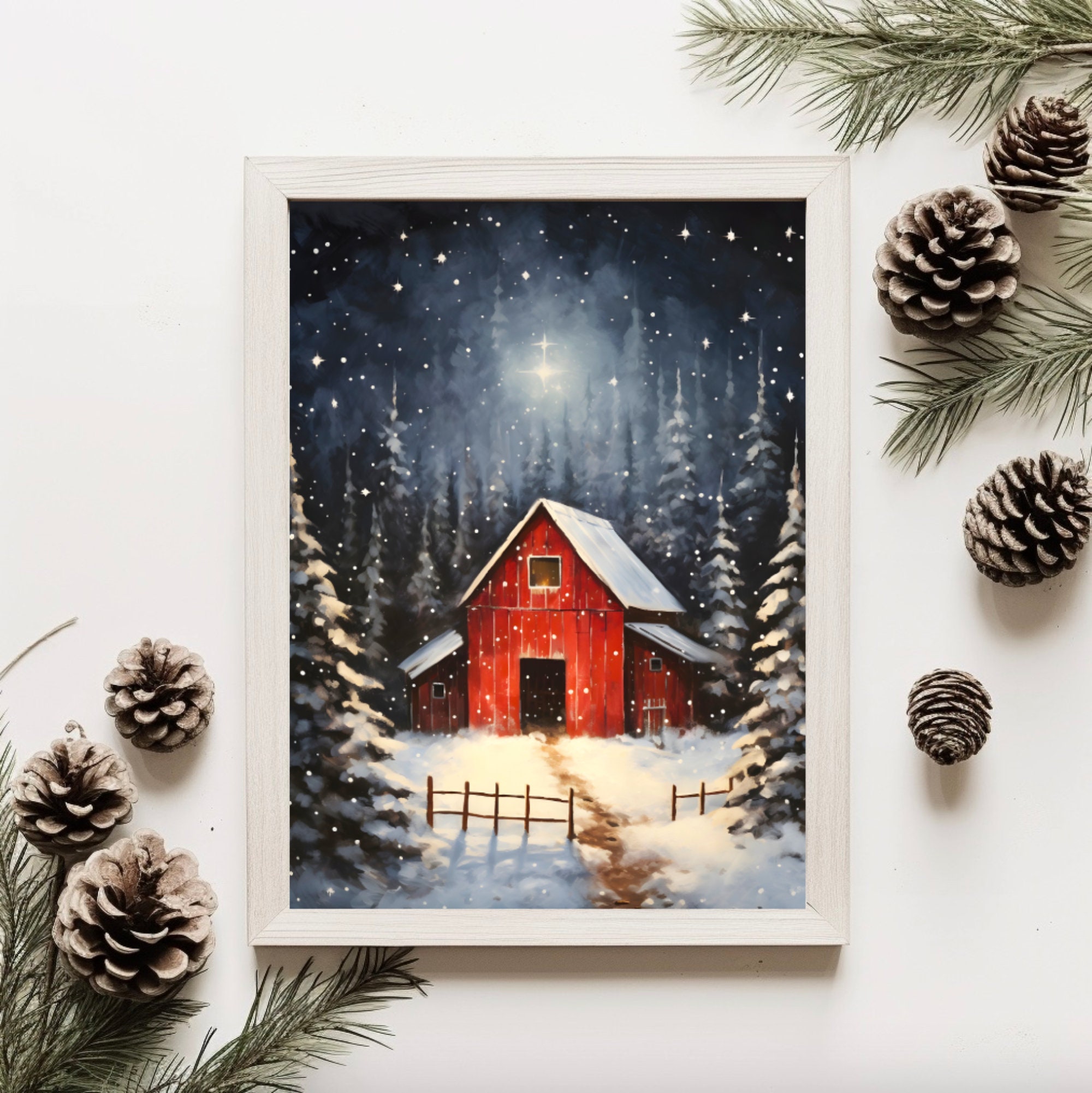 Winter Farmhouse Painting Red Barn Wall Art Snowy Holiday Print Vintage ...