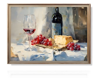 Wine and Cheese | Kitchen Still Life Painting | Restaurant Decor Art | Oil Painting Print | Rustic Kitchen Wall Art