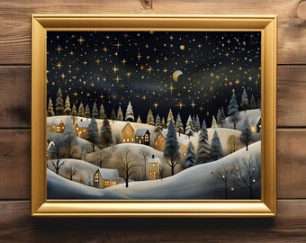 Starry Village Primitive Christmas Town Wall Art Painting Farmhouse Decor Christmas Decor Art Print Museum Quality Print