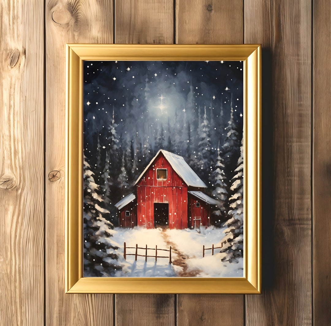 Winter Farmhouse Painting | Red Barn Wall Art | Snowy Holiday Print ...