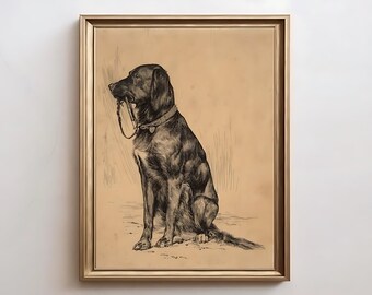 Black Labrador Art Print, Vintage Dog Painting, Antique Animal Portrait, Dog Sketch, Farmhouse Painting