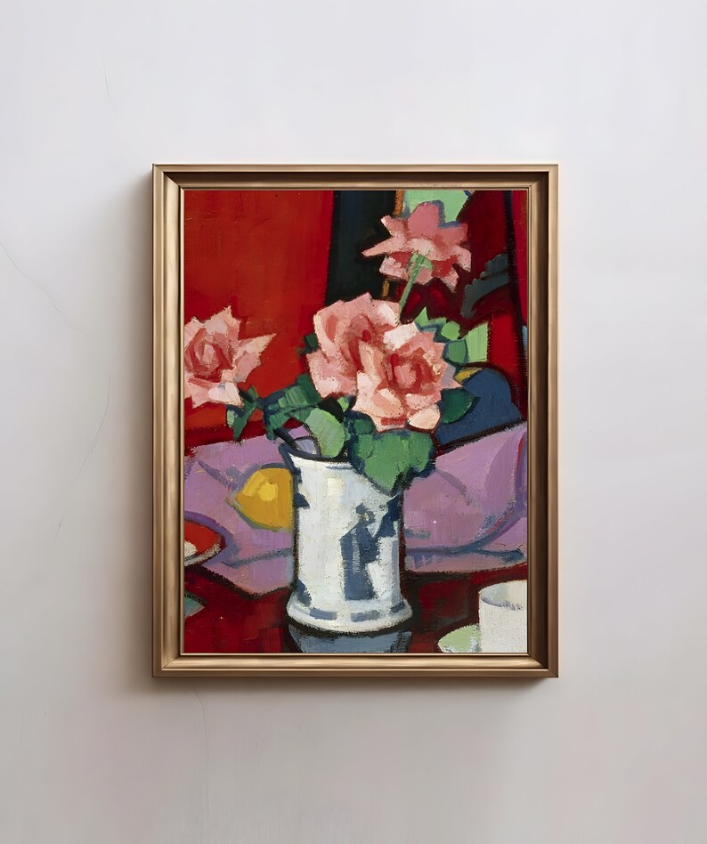 Pink Roses Still Life Flowers Art Print Abstract Colorful Print Wall ...