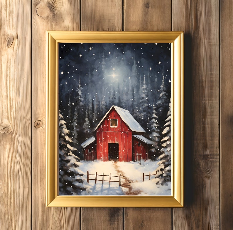 Winter Farmhouse Painting | Red Barn Wall Art | Snowy Holiday Print ...