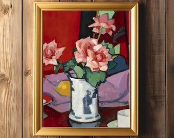 Pink Roses Still Life Flowers Art Print Abstract Colorful Print Wall Art
