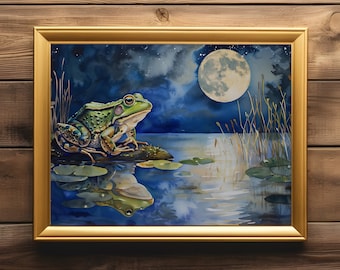 Frog Under the Full Moon Art Print, Dark Cottagecore Frog Painting, Sage Green Goblincore Wall Decor, Vintage Frog Wall Art, Frog Lover Gift