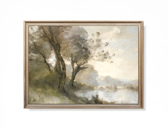 Riverside Landscape Art Print Rustic Country Landscape Painting Farmhouse Decor