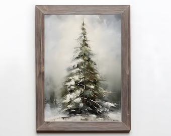 Winter Christmas Tree Painting Wall Art Snowy Forest Print Winter Landscape Painting Vintage Snow Decor