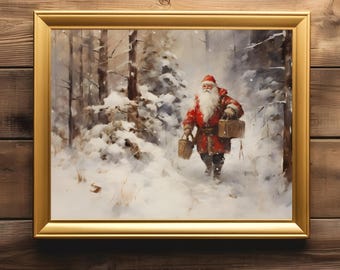 Santa Claus Wall Art | Winter Farmhouse Painting  | Snowy Holiday Print | Vintage Home Decor | Primitive Christmas Artwork |