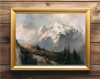 Rustic Winter Mountain Landscape Painting Vintage Cabin Art Print Mountains Wall Art
