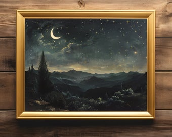Night Sky in the Mountains Stars Nature Landscape Oil Painting Art Print Painting