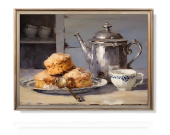 Tea and Scones | Kitchen Still Life Painting | Vintage Farmhouse Decor Art | Oil Painting Print | Rustic Kitchen Wall Art