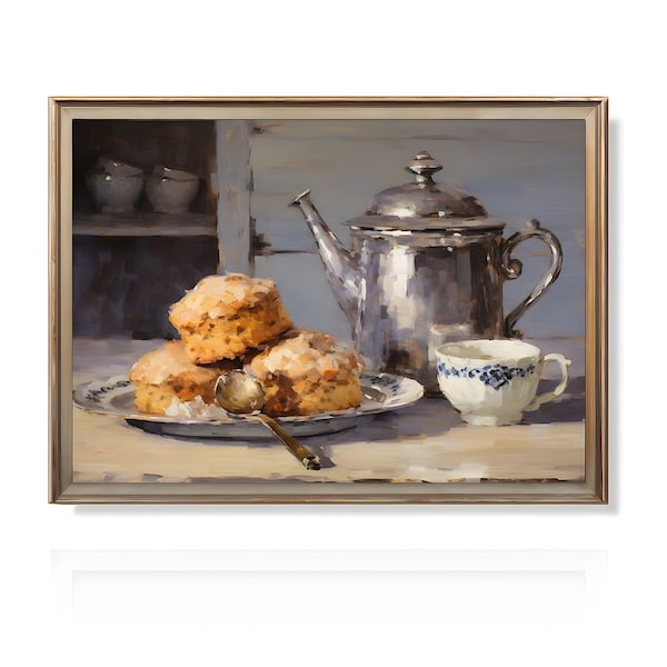 Tea and Scones | Kitchen Still Life Painting | Vintage Farmhouse Decor Art | Oil Painting Print | Rustic Kitchen Wall Art