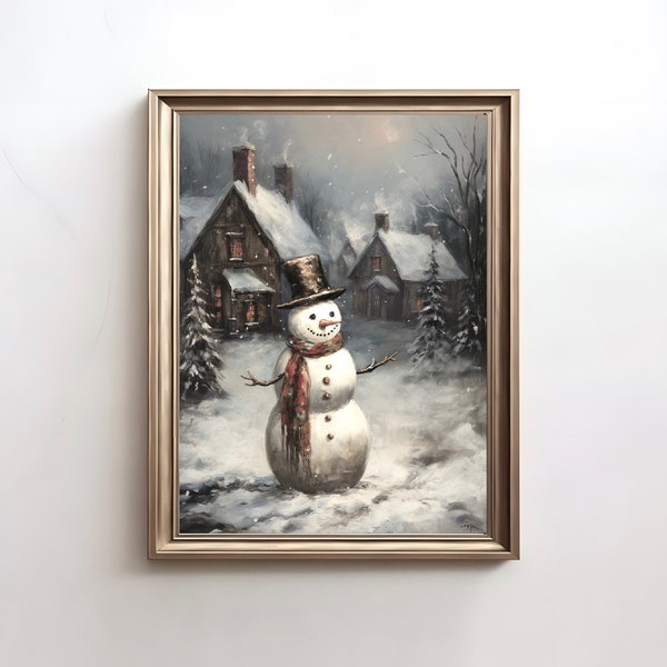 Snowman Christmas Painting | Primitive Seasonal Wall Art | Snowy Holiday Print | Vintage Snowman Home Decor | Christmas Artwork |