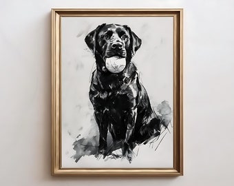 Black Labrador Art Print, Vintage Dog Painting, Antique Animal Portrait, Dog Sketch, Farmhouse Painting