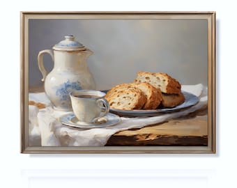 Coffee and Bread | Kitchen Still Life Painting | Vintage Farmhouse Decor Art | Oil Painting Print | Rustic Kitchen Wall Art