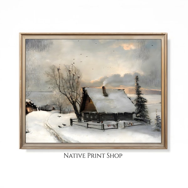 Rustic Winter Oil Painting Vintage Cottage Print Neutral Antique Wall Art Farmhouse PRINTABLE