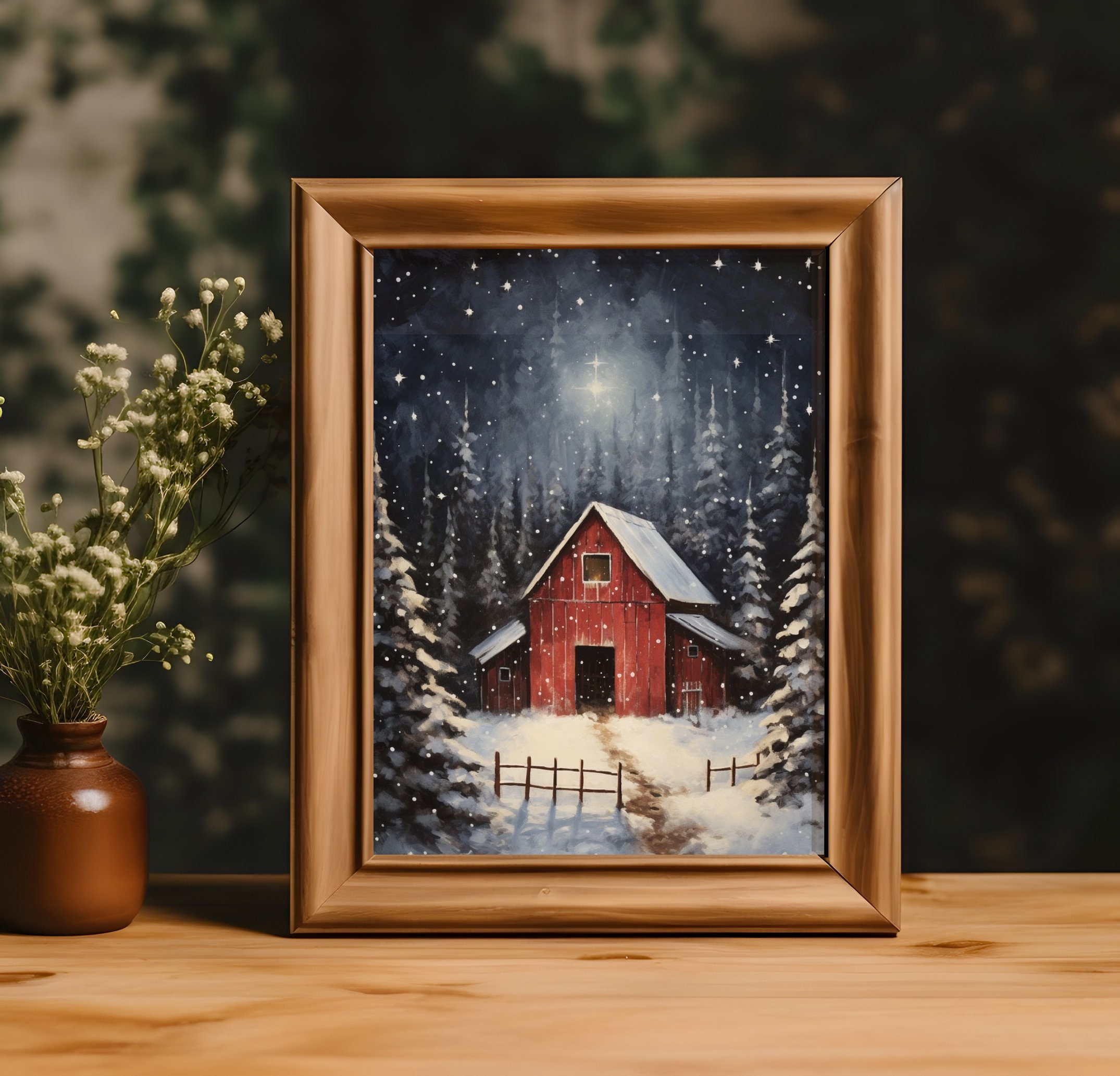 Winter Farmhouse Painting Red Barn Wall Art Snowy Holiday Print Vintage ...