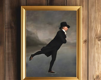 Gentleman Skating Wall Art | Winter Farmhouse Painting  | Snowy Holiday Print | Vintage Home Decor | Primitive Christmas Artwork |