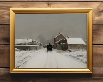 Rustic Winter Oil Painting Vintage Art Print Muted Tones Classic Winter Art