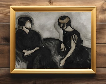 Vintage Moody Black and Neutral Portrait Painting Modern Farmhouse Wall Art