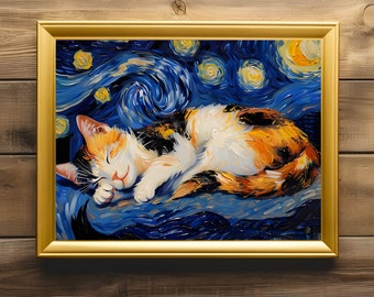 Sleeping Calico Cat Starry Night Art Print, Home Decor Museum-Quality Van Gogh Kitten Wall Art