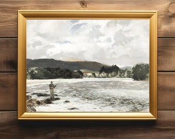 Vintage Fishing Art Print River Fishing Landscape Fly Fishing Artwork