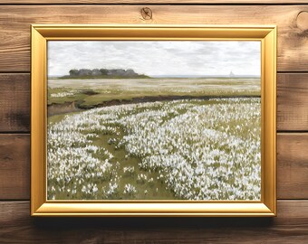 Spring Meadow Rustic Landscape Art Print Vintage Country Landscape Painting Farmhouse Decor