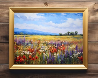 Spring Meadow Rustic Landscape Art Print Vintage Country Landscape Painting Farmhouse Decor