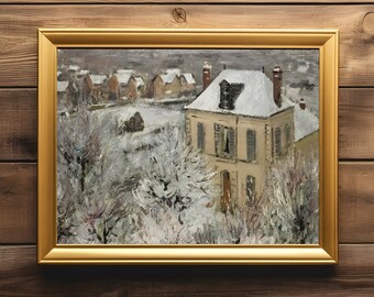 Rustic Winter Oil Painting Vintage Art Print Muted Tones Classic Winter Art
