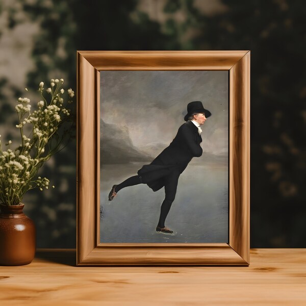 Gentleman Skating Painting, Vintage Winter Wall Art, Rustic Farmhouse Decor, Antique Art Print, DIGITAL DOWNLOAD