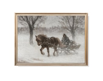 Rustic Winter Oil Painting Vintage Art Print Horse and Sleigh Muted Tones Classic Winter Art