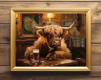 Irish Pub Rustic Wall Art Painting Highland Cow Pub Decor Bar Art Print Museum Quality Print