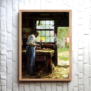 May include: A painting of a woodworker in a workshop, using a hand plane to shape a piece of wood. The workshop is filled with sawdust and wood shavings. The woodworker is wearing a blue apron and a white shirt. There is a window in the background, letting in natural light.