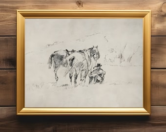 Vintage Western Cowboy Sketch Minimalist Neutral Wall Art Print