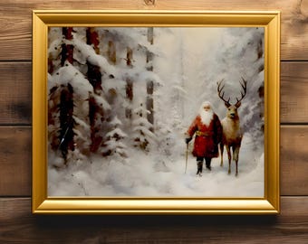 Santa Claus Wall Art | Winter Farmhouse Painting  | Snowy Holiday Print | Vintage Home Decor | Primitive Christmas Artwork |