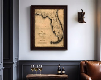 1823 Antique Map of Florida Museum Quality Historic Drawing Vintage Wall Art