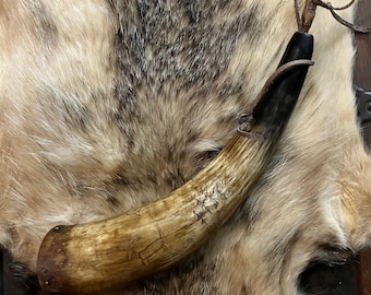 Southern Appalachian Style Powder Horn for Muzzleloader, Hunter, Camper | Engraved with Primitive Scene