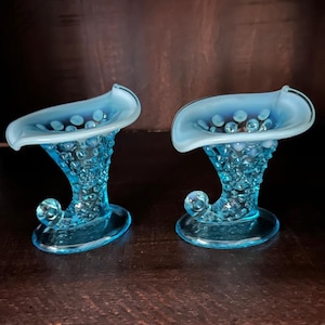 Vintage Fenton Blue Opalescent Hobnail Candle Holders, Vases, Set of 2, Cornucopia shape