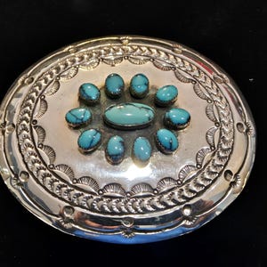 Tooled Silver and Turquoise Cluster Buckle