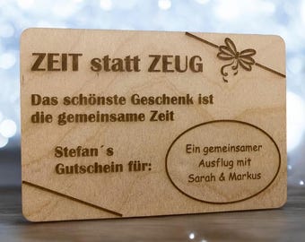 Zeit statt Zeug Gutschein personalisiert aus Holz – das perfekte Geschenk für jeden Anlass