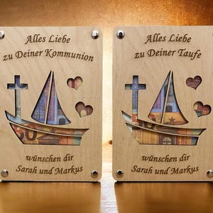 Geldgeschenk zur Kommunion, Firmung oder Taufe - personalisiertes Geschenk aus Holz
