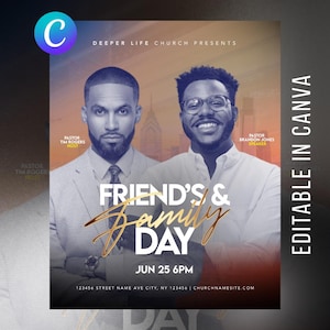 Op de afbeelding: Een promotieposter voor een kerk evenement, met twee mannen in pak. De tekst luidt "Friend's & Family Day" met datum en tijd. De poster bevat de tekst "Editable in Canva".