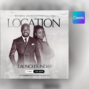 Puede incluir: Imagen en blanco y negro de una pareja de pie frente a un horizonte urbano. El texto "WE HAVE ANSWERED THE CALL TO LOCATION LAUNCH SUNDAY 11AM FEB 25TH Text CONNECT 800.455.4555 for more info." está en la parte inferior de la imagen.