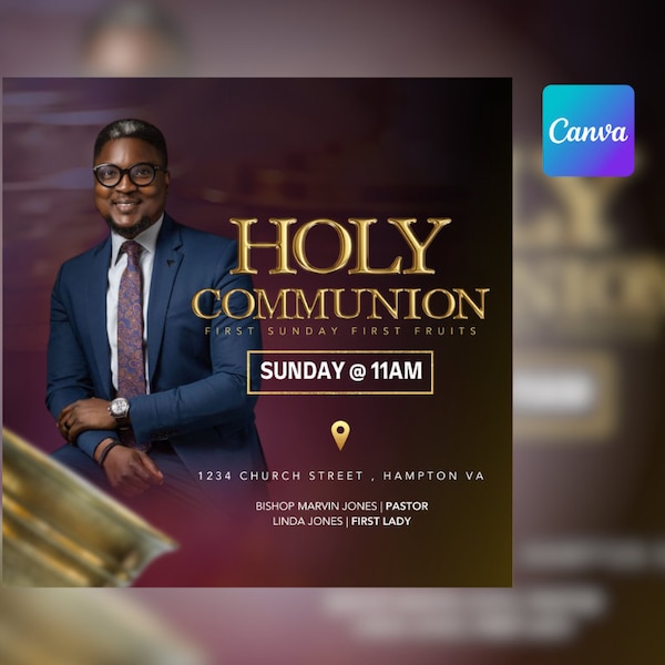 Canva Church Flyer Template - COMMUNION SUNDAY, First Sunday, Sunday Service, Livestream, Revival, Spread Your Message!