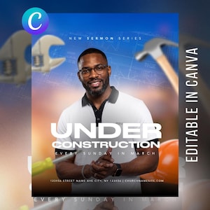 May include: A promotional graphic with a blue and orange gradient background. The image features a man wearing glasses and a white polo shirt. Text reads "UNDER CONSTRUCTION" and "EVERY SUNDAY IN MARCH". Construction tools are in the background.