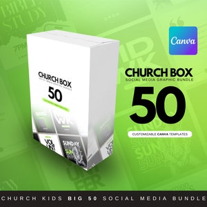 May include: A white box with the text "CHURCH BOX 50" on it. The box is surrounded by images of social media posts with a green background. The text "CUSTOMIZABLE CANVA TEMPLATES" is also on the box.