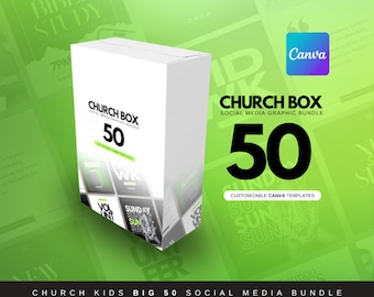 May include: A white box with the text "CHURCH BOX 50" on it. The box is surrounded by images of social media posts with a green background. The text "CUSTOMIZABLE CANVA TEMPLATES" is also on the box.