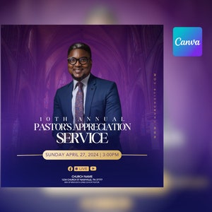 May include: A purple and gold flyer announcing the 10th Annual Pastor's Appreciation Service. The event will be held on Sunday, April 27, 2024 at 3:00 PM. The flyer features a photo of a man in a suit and tie, and includes the church's name, address, and website.