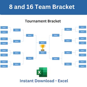 May include: A blue and white bracket chart for an 8 or 16 team tournament. The chart shows the teams competing in a single-elimination format. The winner of each round advances to the next round until a champion is crowned. The chart is labeled "Tournament Bracket" and includes the text "Instant Download - Excel".