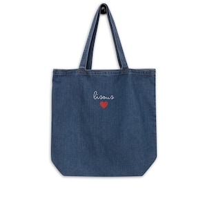 The Bisous Bestickter Denim Bio-Einkaufstasche Paris Mode Französischer Stil Geldbörse Computer Tasche Französisches Geschenk für Paris-Liebhaber